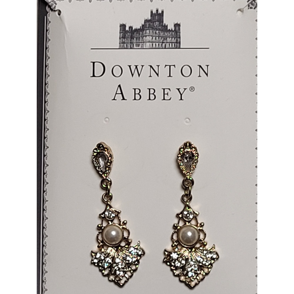 Downton Abbey Jewellery Gold Tone Pearl Crystal Edwardian Drop Earrings NIB